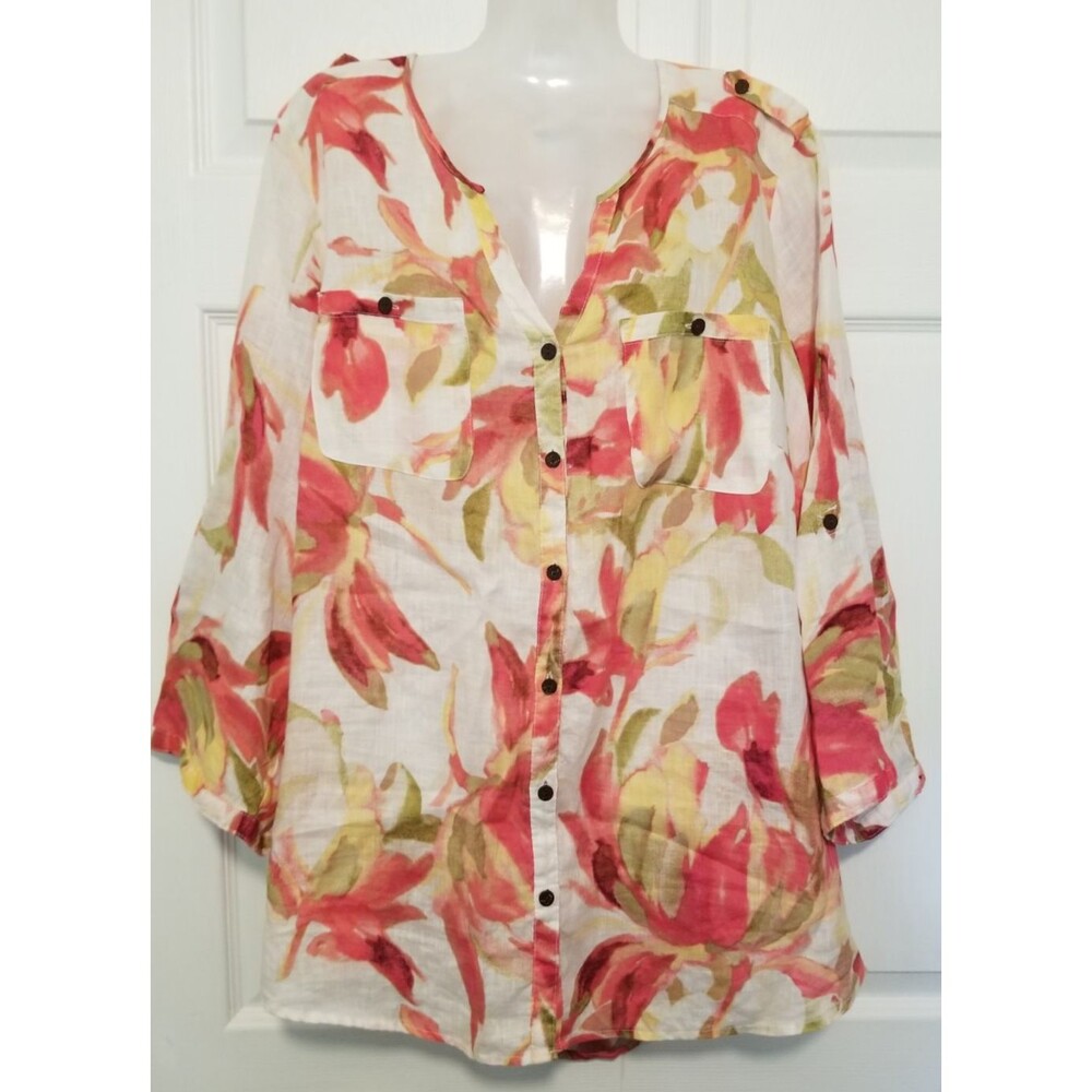 JM Collection Women's Blouse Top 100% Linen V-Neck Pockets 3/4 Sleeve Size 18W